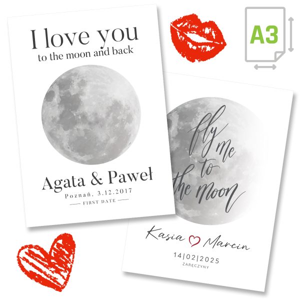 Personalizowany Plakat dla Pary A3 księżyc - rocznica, walentynki, ważna data