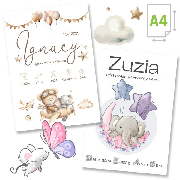 Metryczka urodzenia dla dziecka - prezent na narodziny chrzest - plakat A4